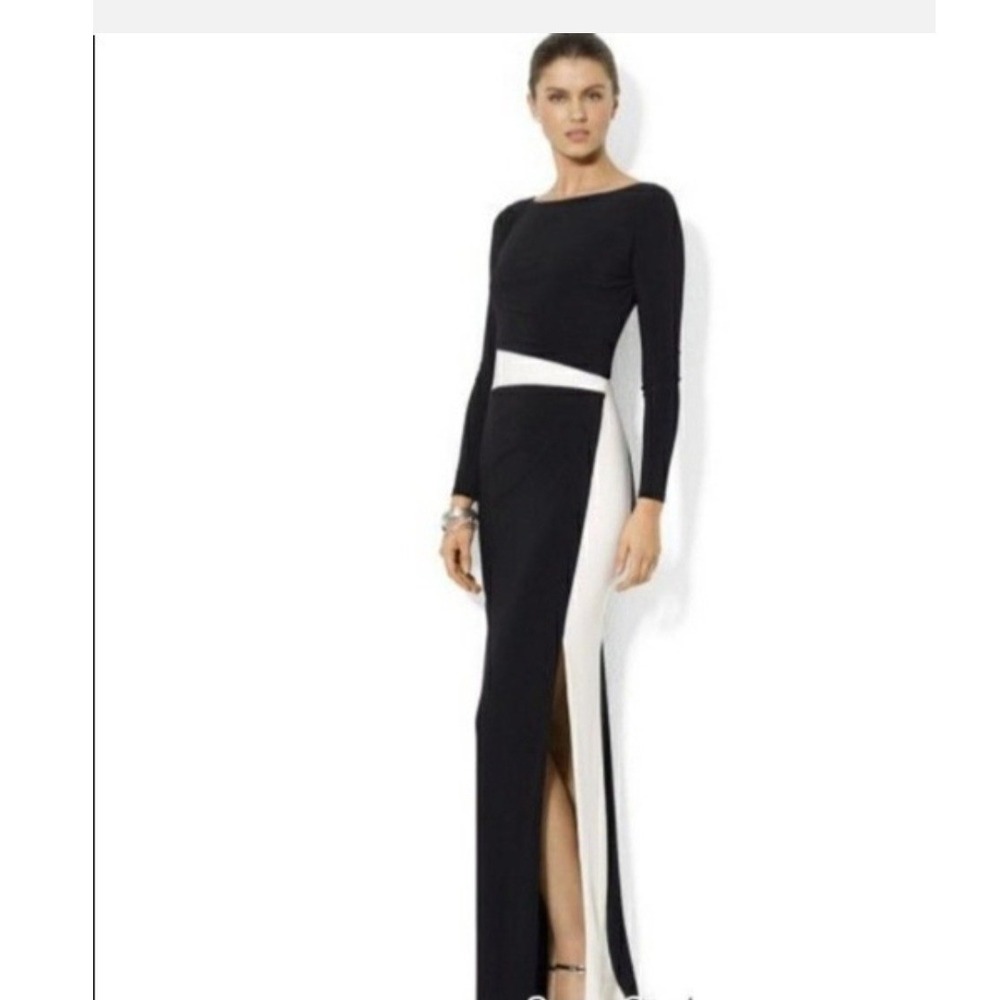 Lauren Ralph Lauren Evening Dress Gown Long Sleeves Sz 10 Ruched Black White
